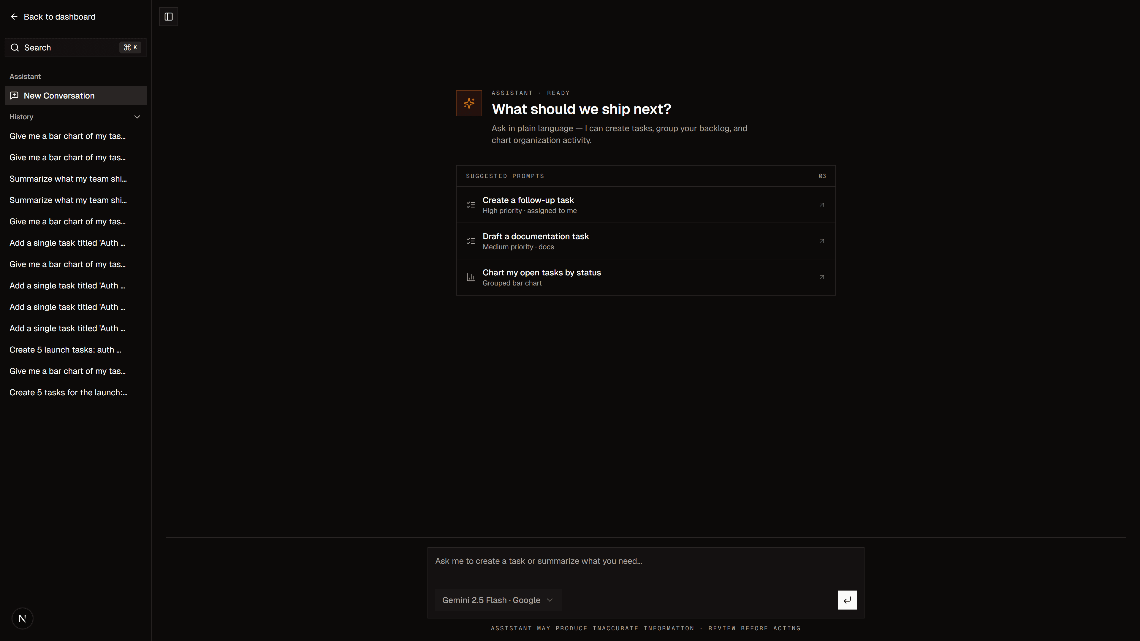 AI assistant empty state with suggested prompts